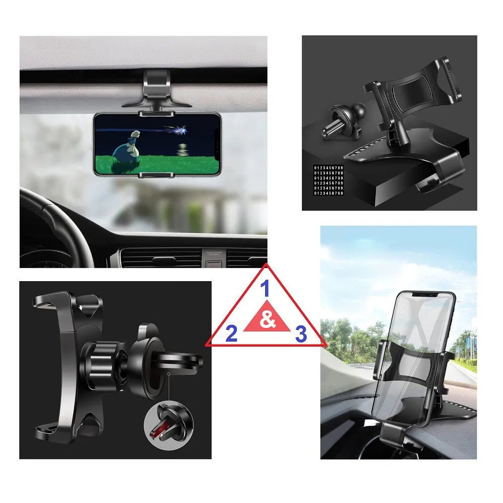 3 in 1 Car GPS Smartphone Holder: Dashboard / Visor Clamp   AC Grid Clip for GiONEE M5 Marathon mini (2016) - Black