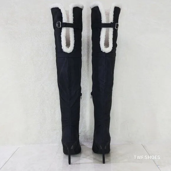 Cozy Craze Black Nubuck Over The Knee Fleece High Heel Thigh Boots