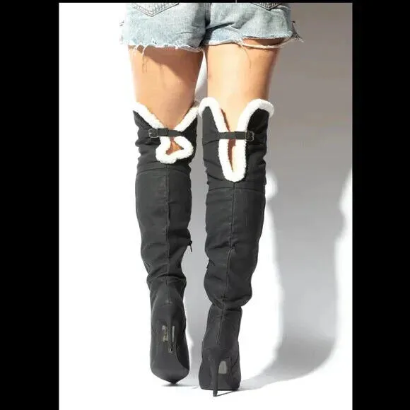 Cozy Craze Black Nubuck Over The Knee Fleece High Heel Thigh Boots