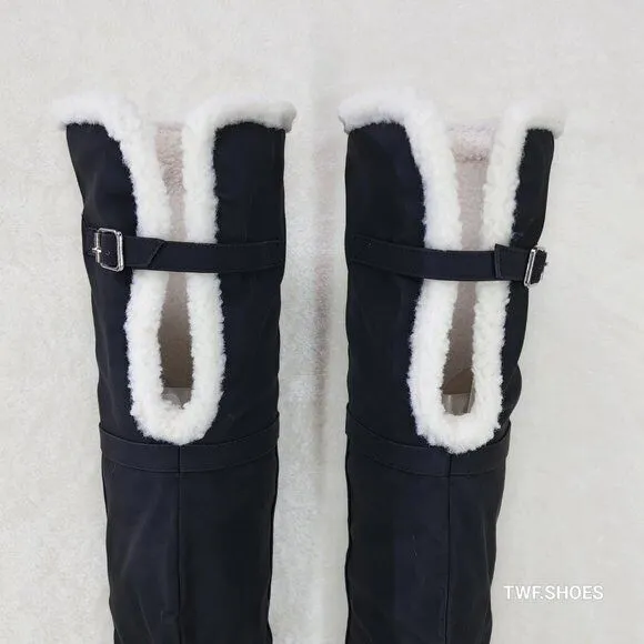 Cozy Craze Black Nubuck Over The Knee Fleece High Heel Thigh Boots