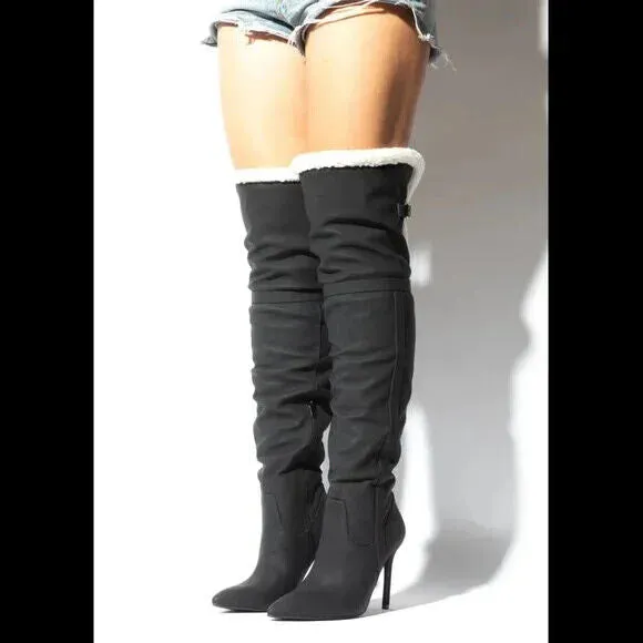 Cozy Craze Black Nubuck Over The Knee Fleece High Heel Thigh Boots