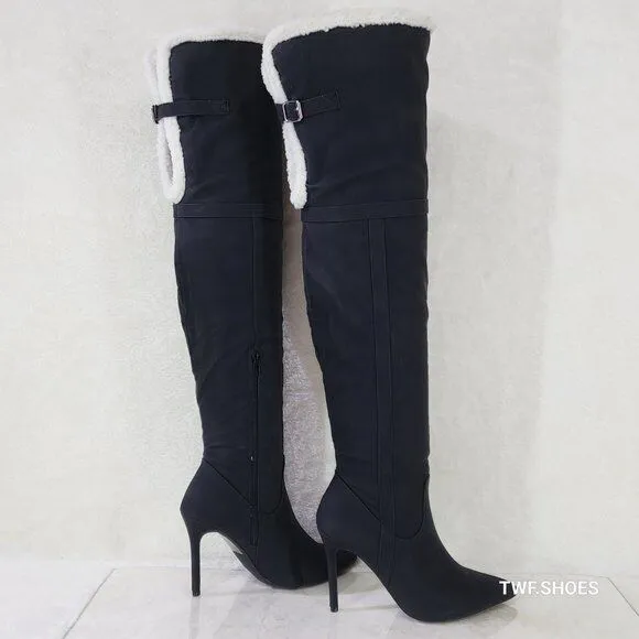 Cozy Craze Black Nubuck Over The Knee Fleece High Heel Thigh Boots