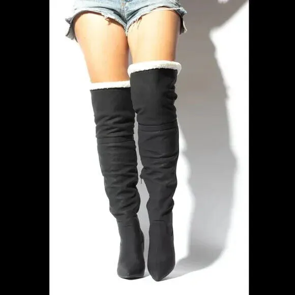 Cozy Craze Black Nubuck Over The Knee Fleece High Heel Thigh Boots