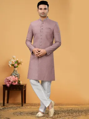 Light Pink Indo Western Kurta for Men with Lucknowi Handwork