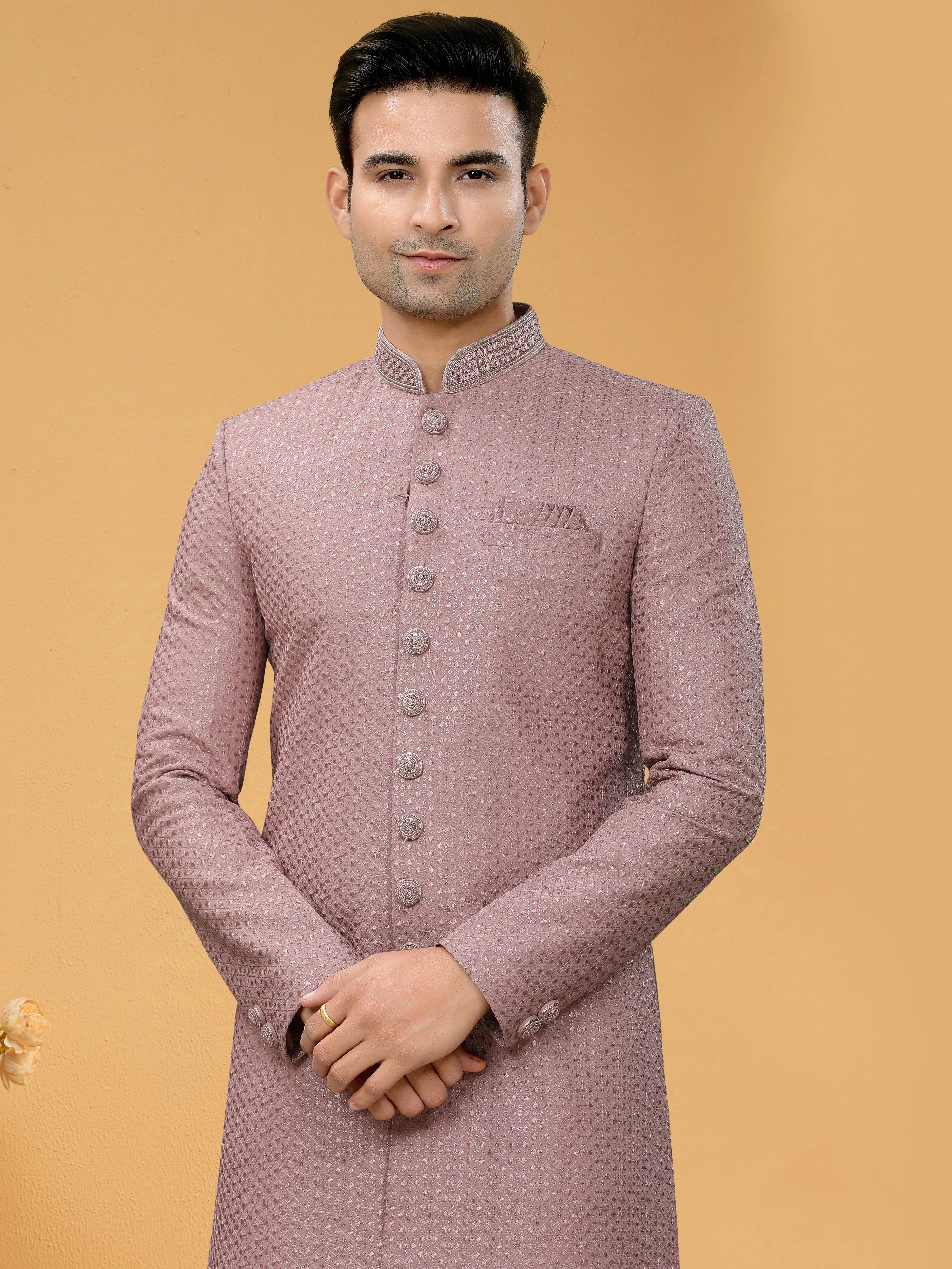 Light Pink Indo Western Kurta for Men with Lucknowi Handwork